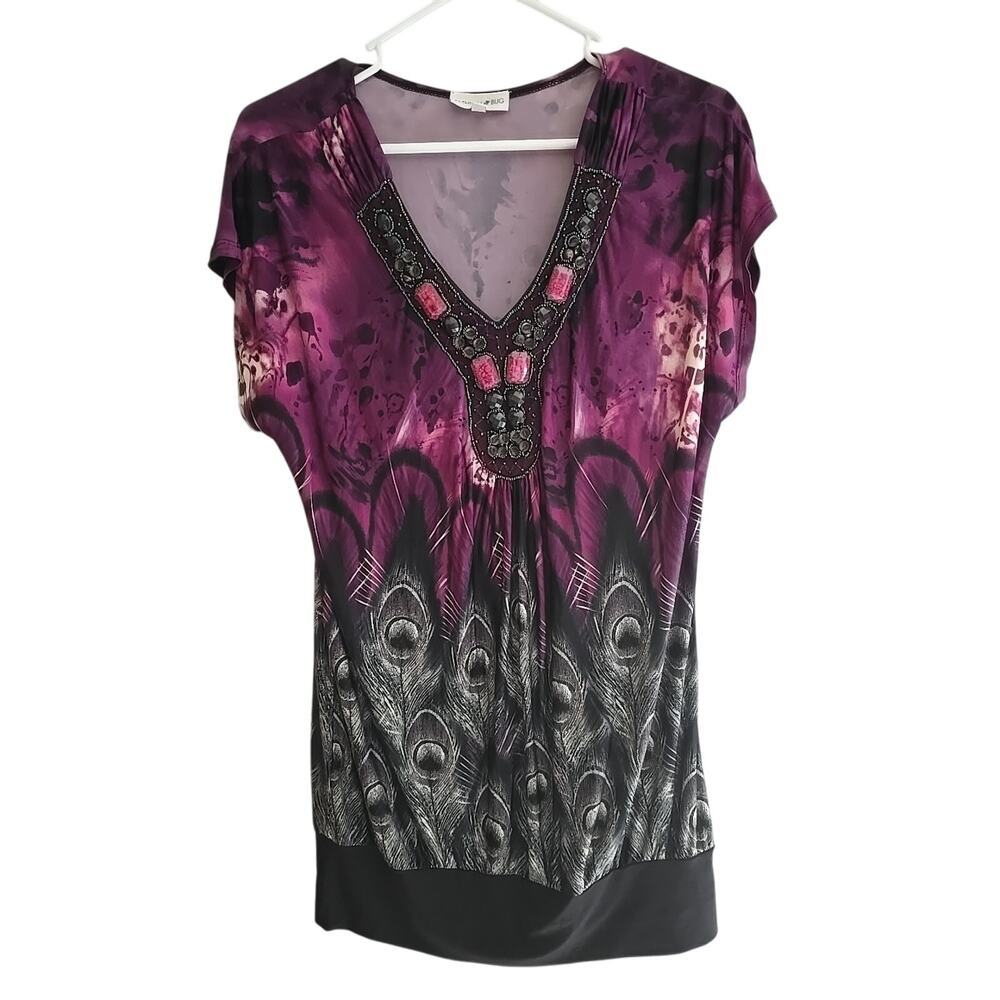 VTG Y2K Fashion Bug Purple Abstract Jeweled Bead Boho Tunic Top Womans Sz‎ Small